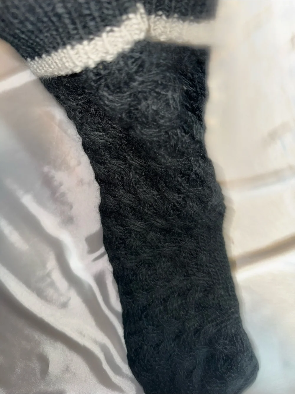 Jane and Bleecker Gray and Black Knit Pom-Pom Fleece-Lined Slipper Socks